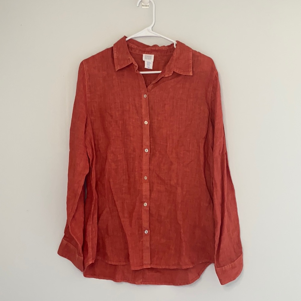 Sigrid Olsen Dark Coral/Orange 100% Linen Button Down Blouse Size XL